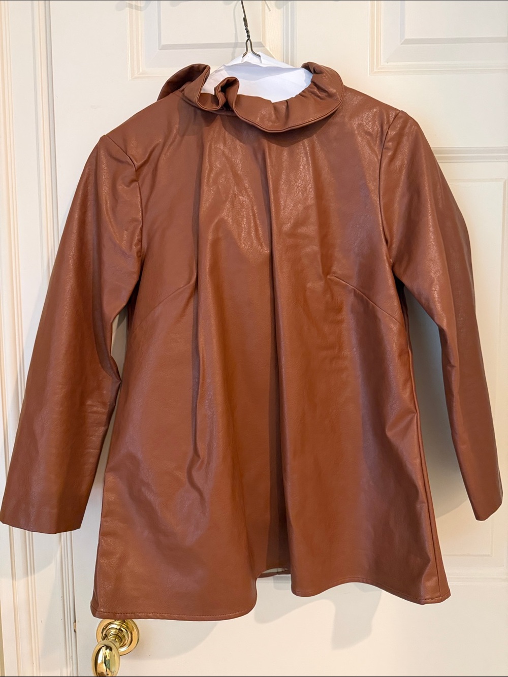 Tuckernuck Cognac Faux Leather Ruffle-Neck Top